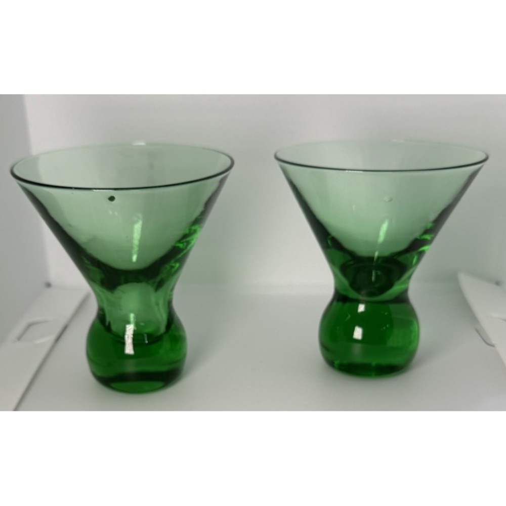 Vintage Green Art Glass Cordial Glasses Pair Heavy Base Flared Rim